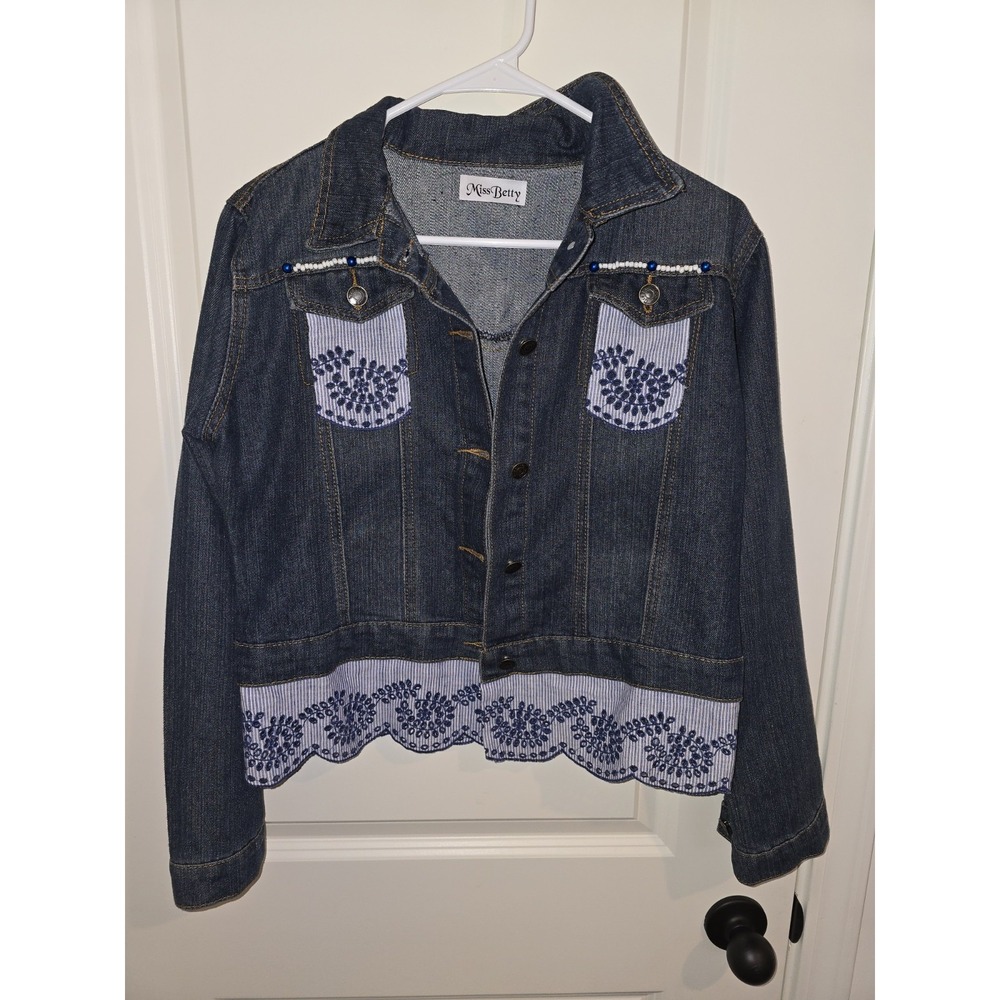 Miss Betty Girl's Jean Jack Size 8 With Blue Ribbon And Patchwork Details